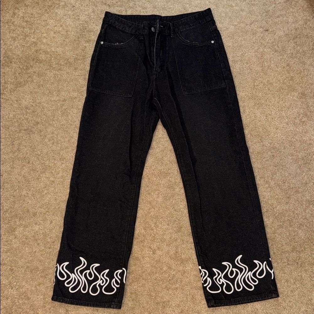 Black Flame Hem Wide-Leg Jeans